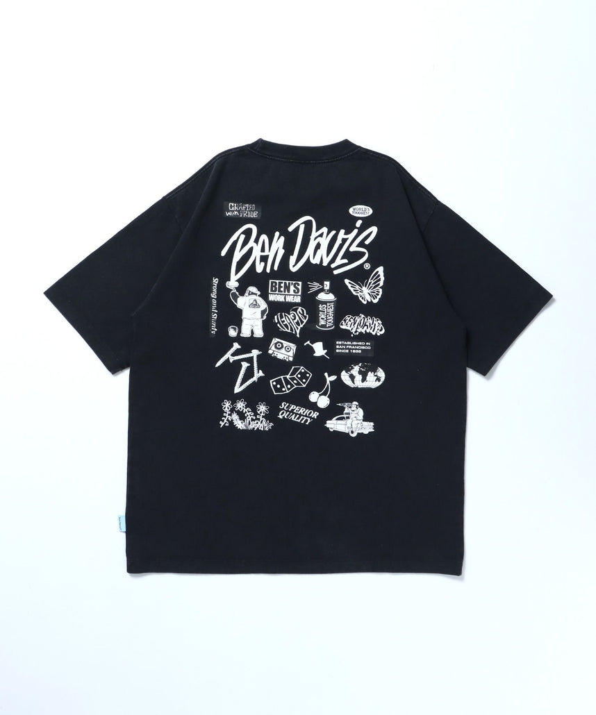 【BEN DAVIS(ベンデイビス)】VARIOUS MOTIFS VNTG TEE / Tシャツ クルーネック 半袖 オーバーサイズ ワンポイント 加工 ブラック