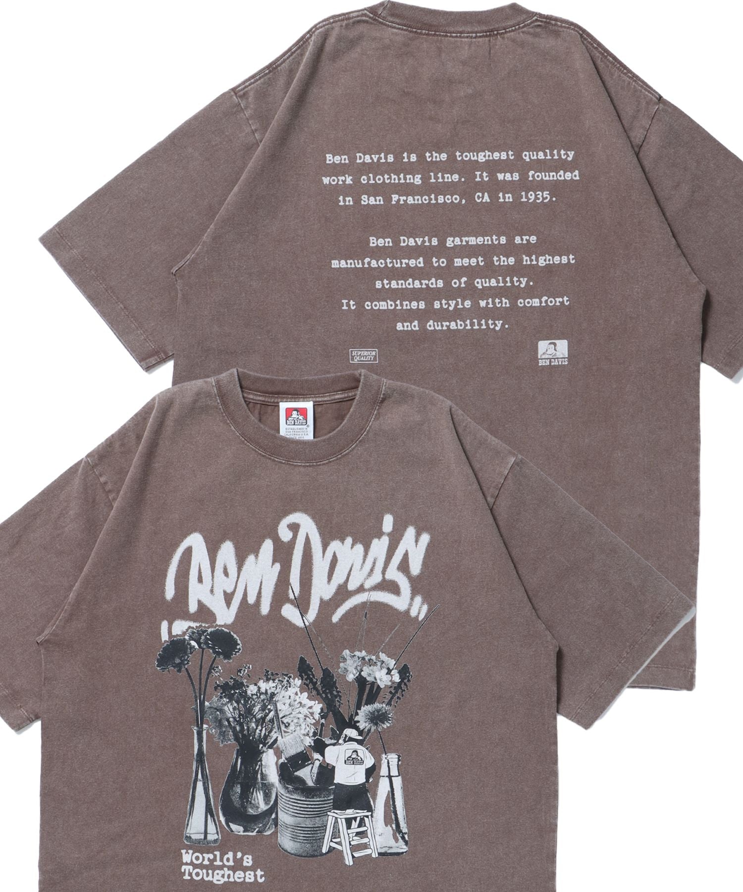 【BEN DAVIS(ベンデイビス)】FLOWER VASE VNTG TEE / Tシャツ クルーネック 半袖 オーバーサイズ ワンポイント 加工 ダークブラウン
