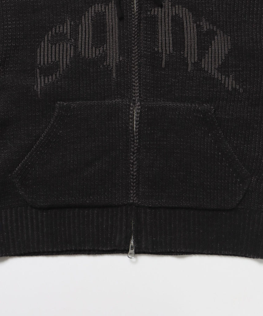 sqnz knit zip p/k / ニット ジップパーカー ダブルジップ フーディ ヴィンテージ 加工 ブラック