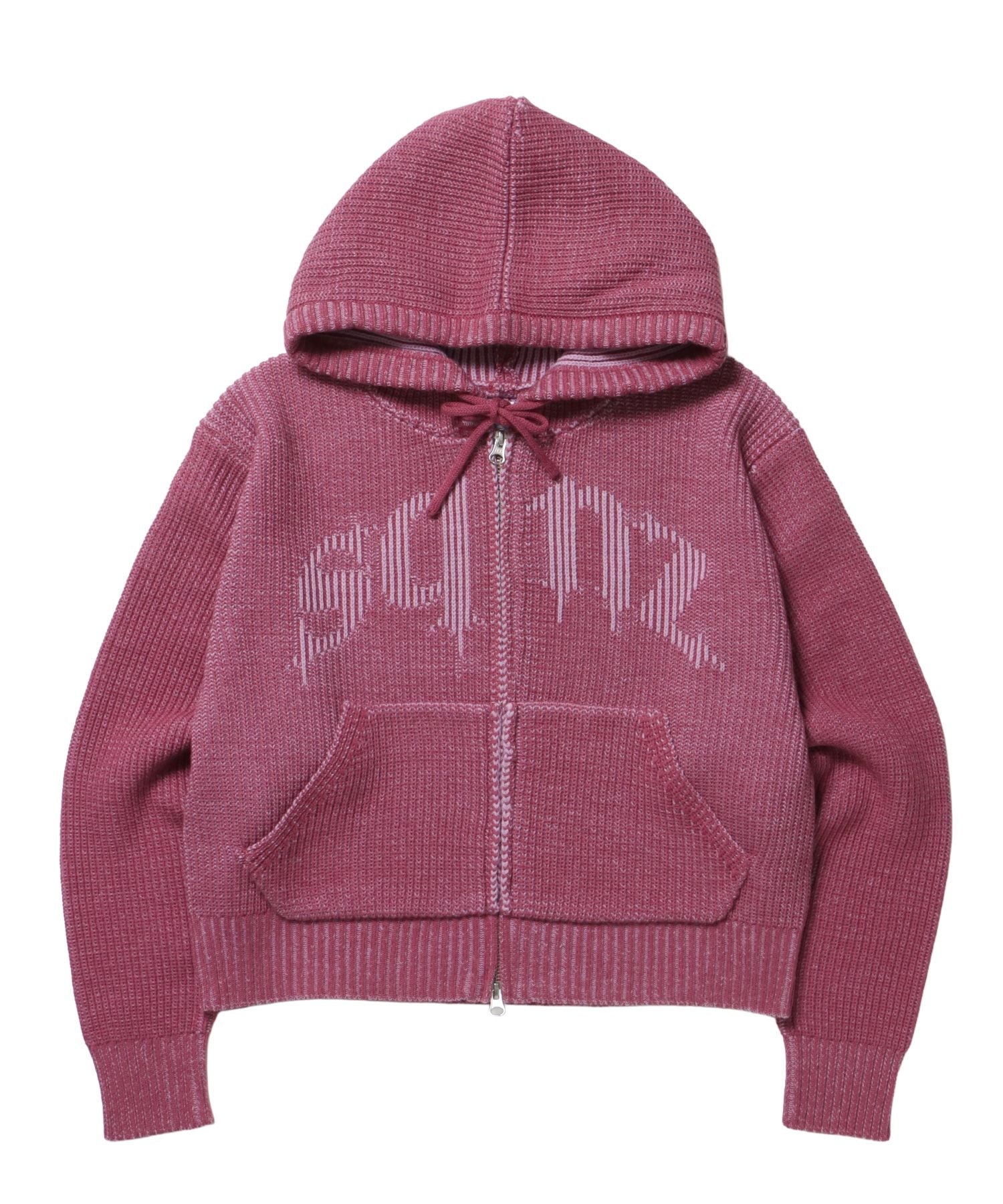 【sqnz(エスキュンズ)】sqnz knit zip p/k / ニット ジップパーカー ダブルジップ フーディ ヴィンテージ 加工 ピンク