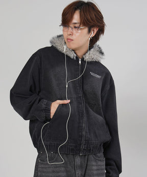 ヴィンテージライクデニムファージャケット / デニム ジャケット ボア ジップパーカー フーディ 刺繍 加工 ブラック