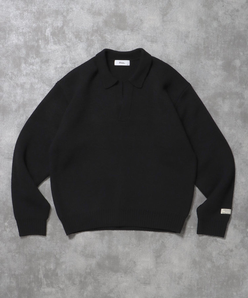 【FFEIN(フェイン)】ネーム付きスキッパーニット / ニット セーター ポロカラー シンプル 無地 ワンポイント ブラック