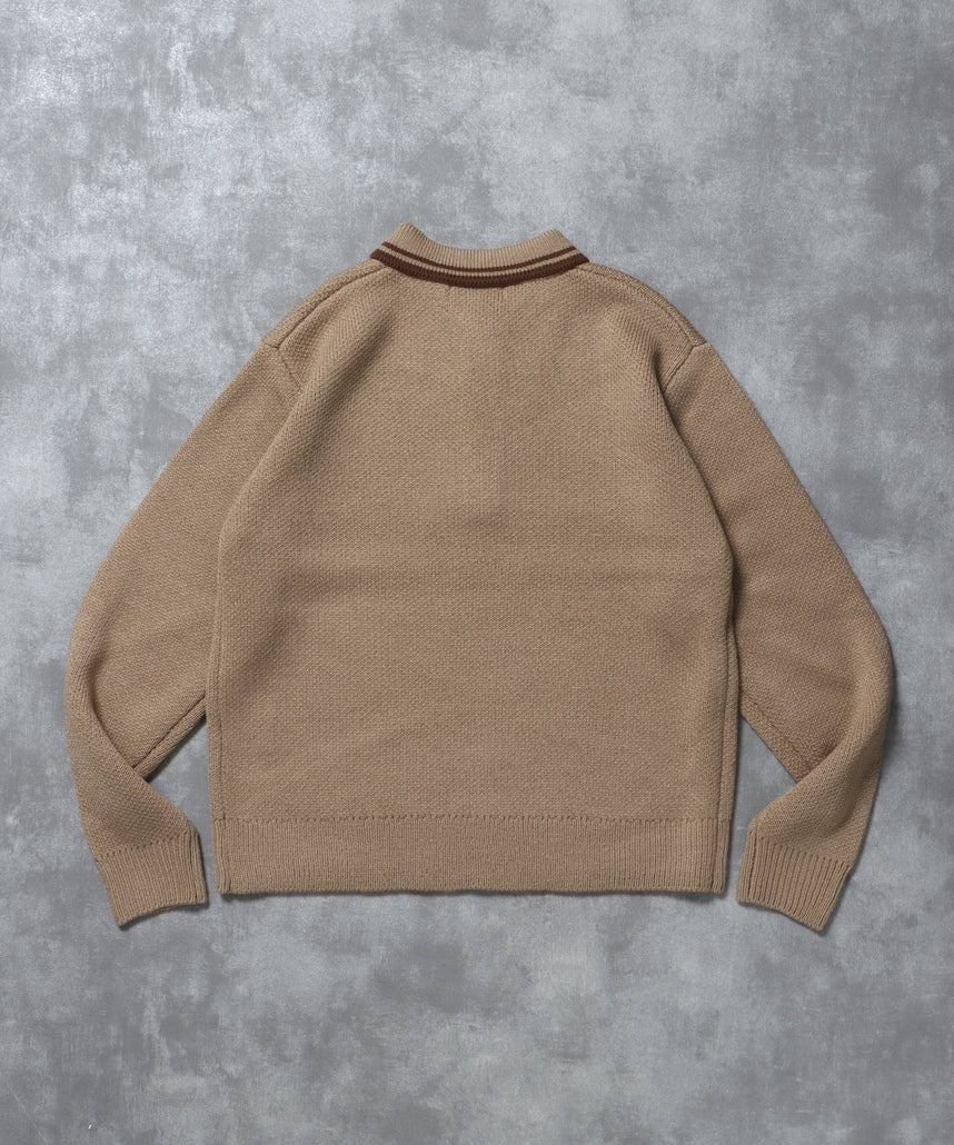 三段ロゴアソート襟ポロニット / ポロシャツ ニット ボーダー 刺繍 ワンポイント ベージュ