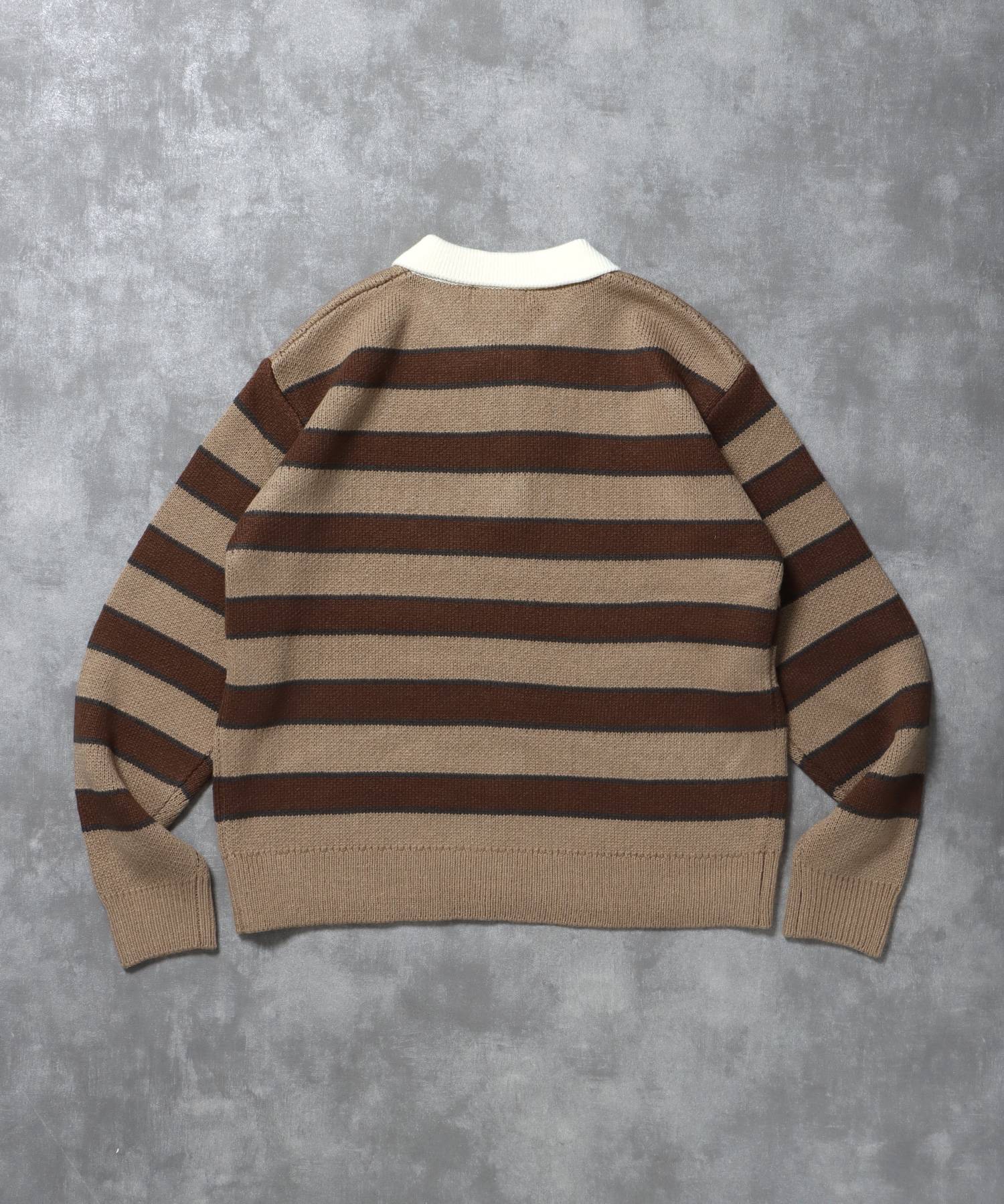 三段ロゴアソート襟ポロニット / ポロシャツ ニット ボーダー 刺繍 ワンポイント A