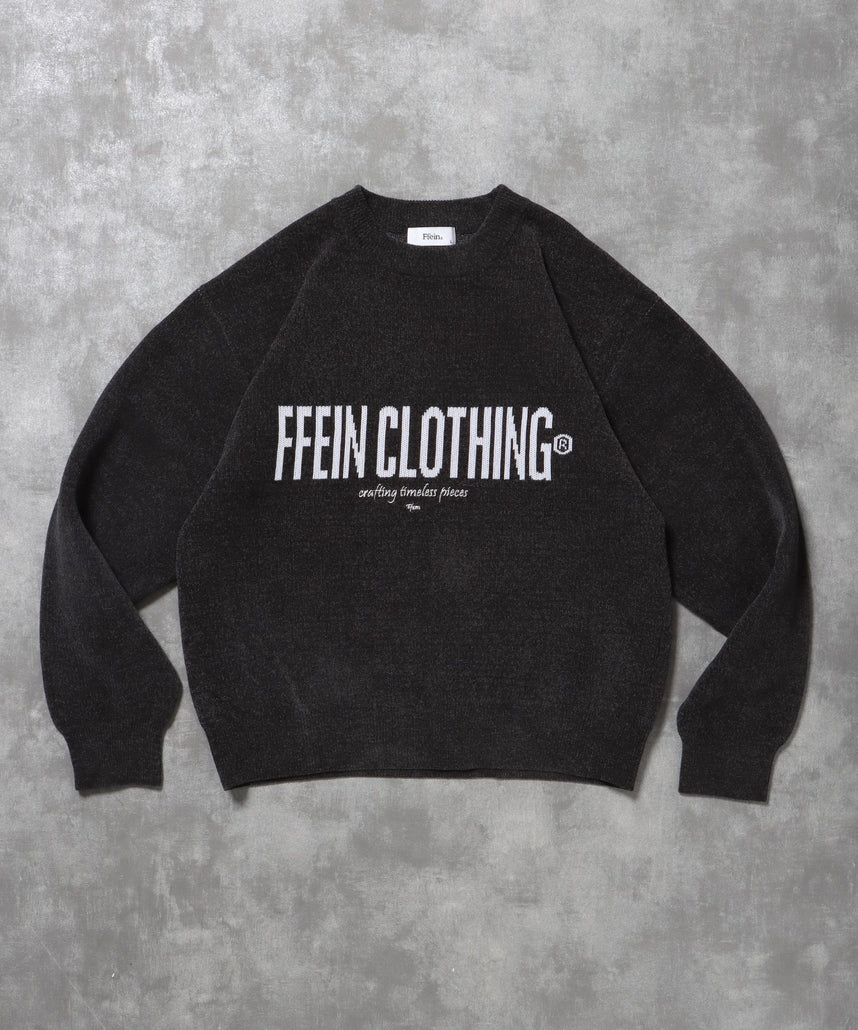 【FFEIN(フェイン)】センターロゴウールニット / ウール ロゴ クルーネック ニット 刺繍 ブラック