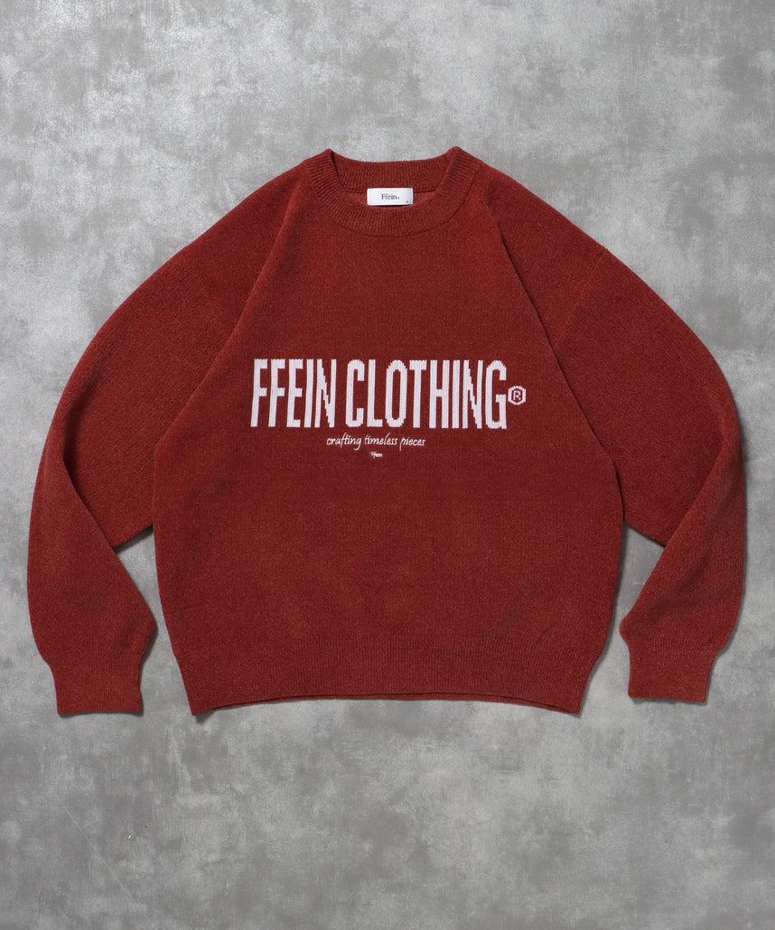 【FFEIN(フェイン)】センターロゴウールニット / ウール ロゴ クルーネック ニット 刺繍 ワイン