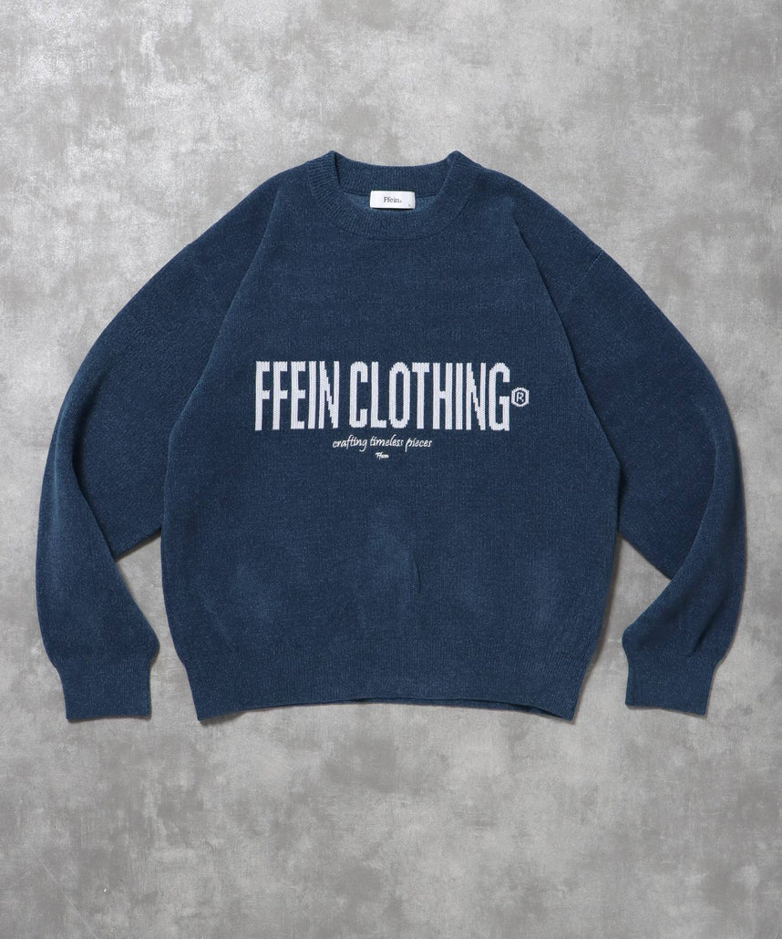 【FFEIN(フェイン)】センターロゴウールニット / ウール ロゴ クルーネック ニット 刺繍 ブルー