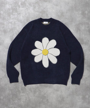フラワーモールニット / モール ニット クルーネック 花柄 長袖 ネイビー