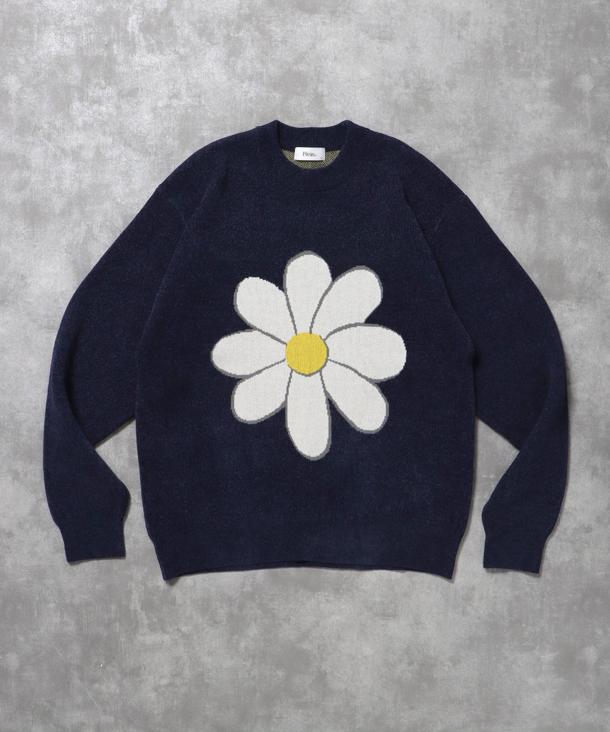 【FFEIN(フェイン)】フラワーモールニット / モール ニット クルーネック 花柄 長袖 ネイビー