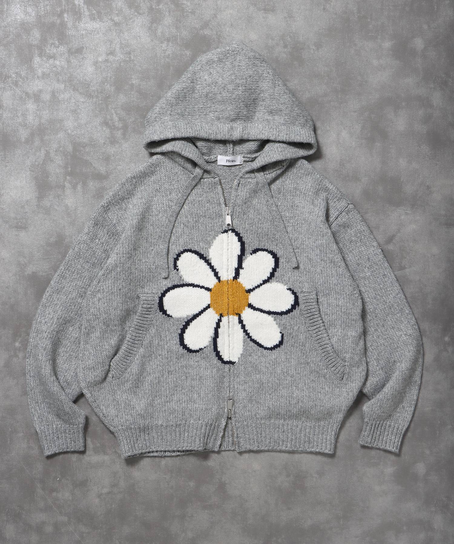 【FFEIN(フェイン)】エクアドル風ヘビーニットジップアップ / ニット ダブルジップ ジップパーカー 短丈 フーディ アッシュグレー