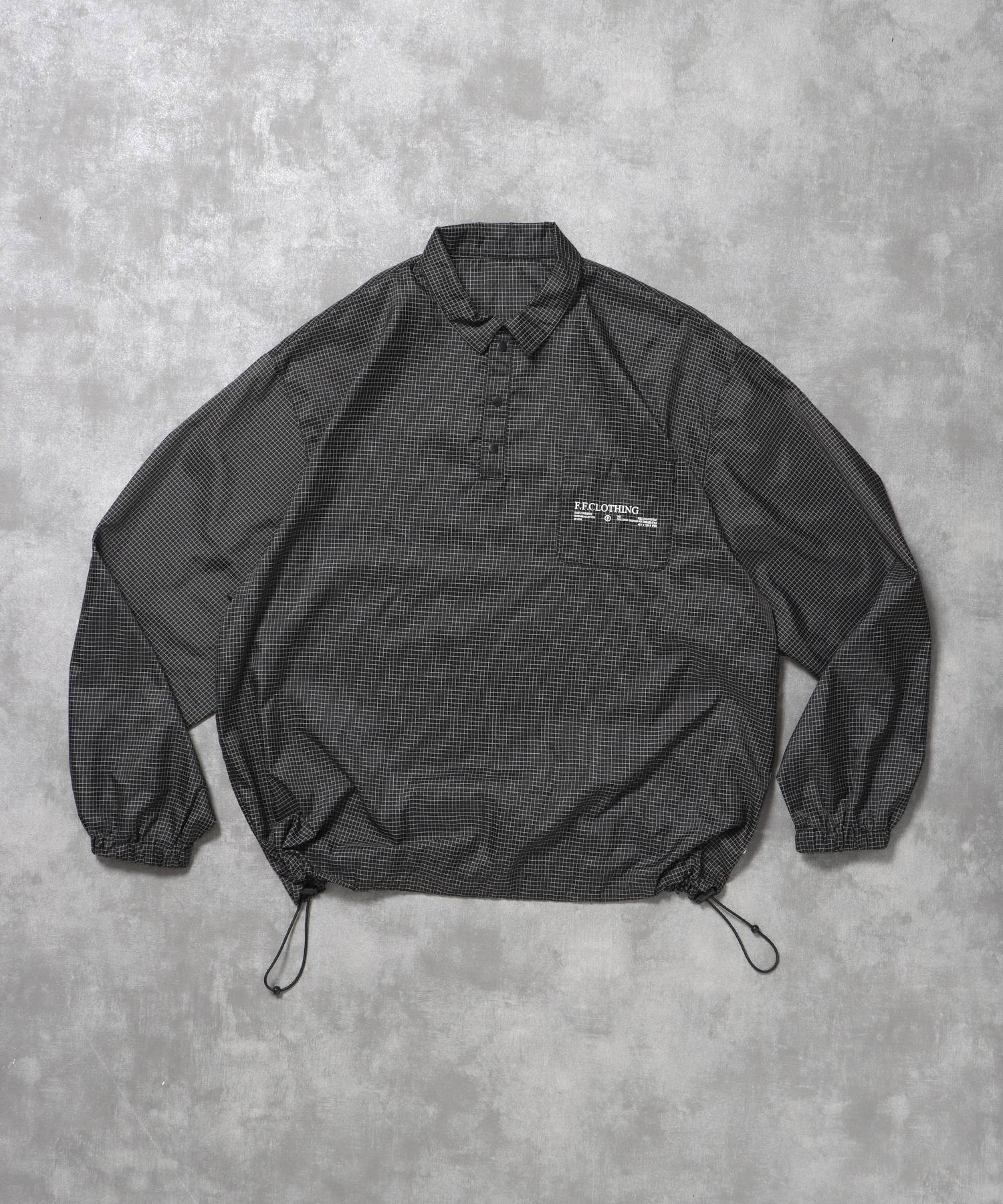 【FFEIN(フェイン)】ナイロンチェックドローコードブルゾン / ポロシャツ ナイロン プリント ドローコード チェック ポケット ブラック
