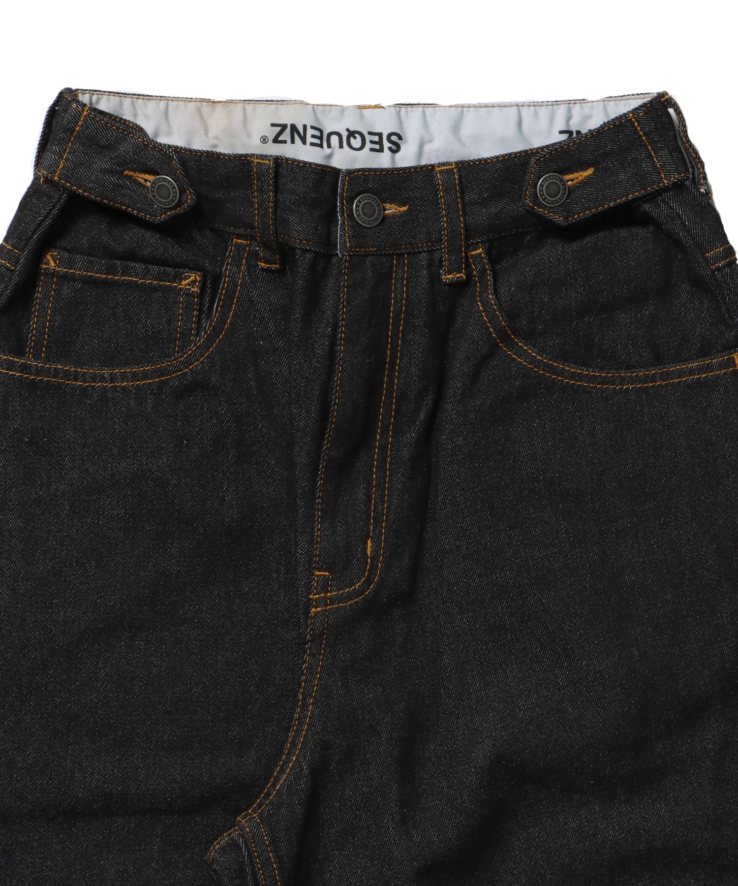 sqnz carve logo denim / 刺繍 ワイドシルエット カーブ メンズ デニム パンツ 加工 ヴィンテージライク ブラック