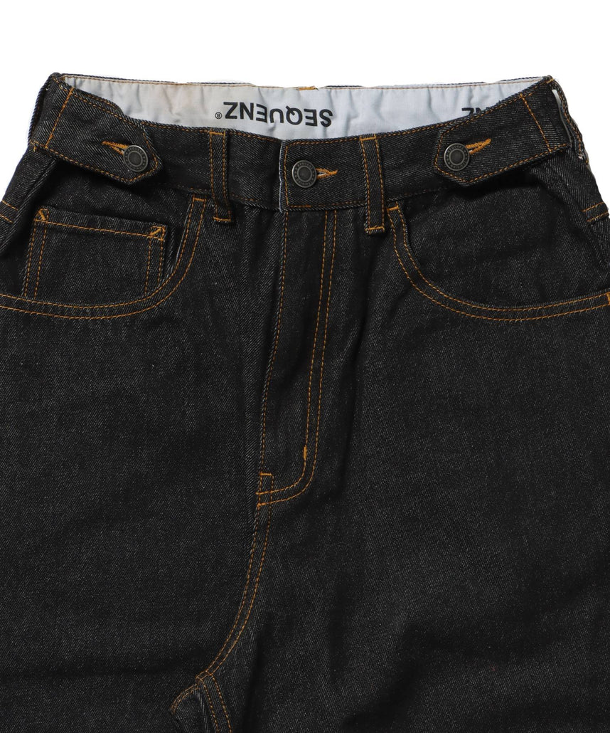 sqnz carve logo denim / 刺繍 ワイドシルエット カーブ メンズ デニム パンツ 加工 ヴィンテージライク ブラック