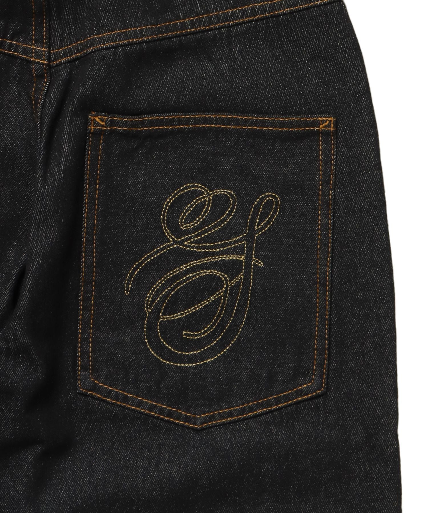 sqnz carve logo denim / 刺繍 ワイドシルエット カーブ メンズ デニム パンツ 加工 ヴィンテージライク ブラック