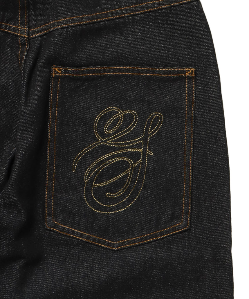 sqnz carve logo denim / 刺繍 ワイドシルエット カーブ メンズ デニム パンツ 加工 ヴィンテージライク ブラック