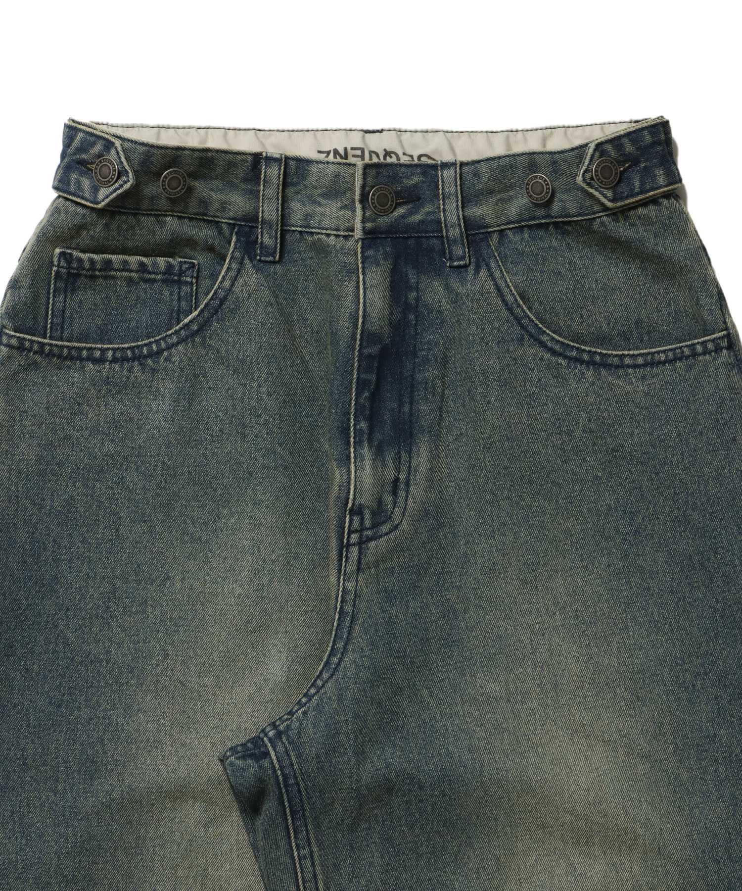 sqnz carve logo denim / 刺繍 ワイドシルエット カーブ メンズ デニム パンツ 加工 ヴィンテージライク ネイビー