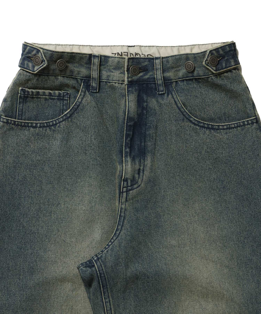 sqnz carve logo denim / 刺繍 ワイドシルエット カーブ メンズ デニム パンツ 加工 ヴィンテージライク ネイビー