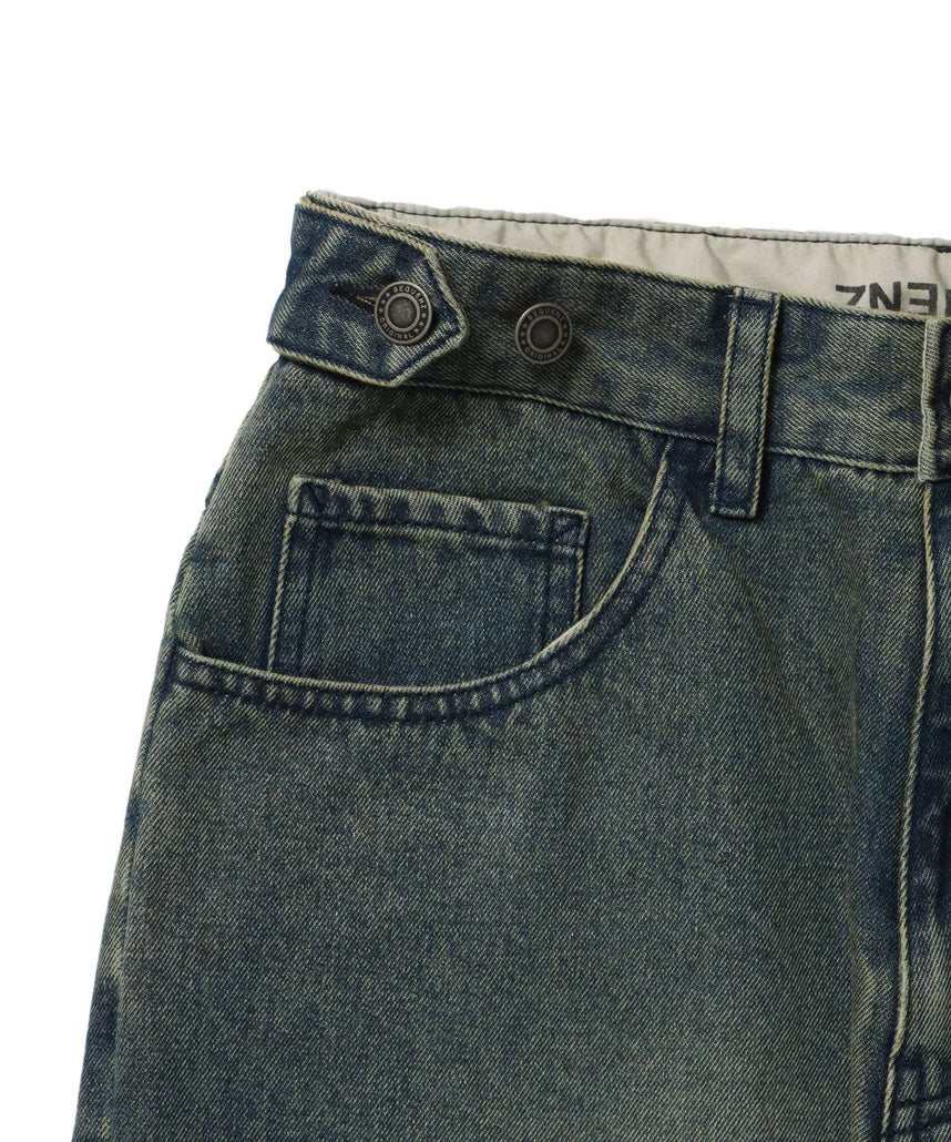 sqnz carve logo denim / 刺繍 ワイドシルエット カーブ メンズ デニム パンツ 加工 ヴィンテージライク ネイビー