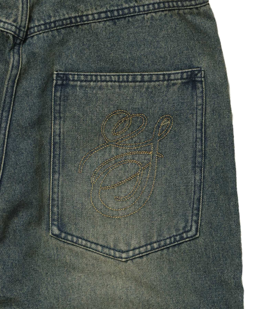 sqnz carve logo denim / 刺繍 ワイドシルエット カーブ メンズ デニム パンツ 加工 ヴィンテージライク ネイビー