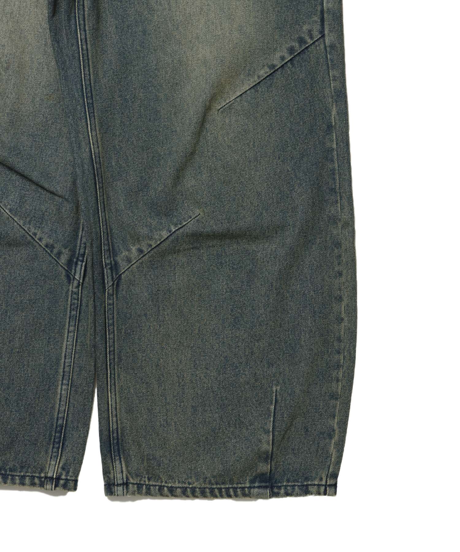 sqnz carve logo denim / 刺繍 ワイドシルエット カーブ メンズ デニム パンツ 加工 ヴィンテージライク ネイビー