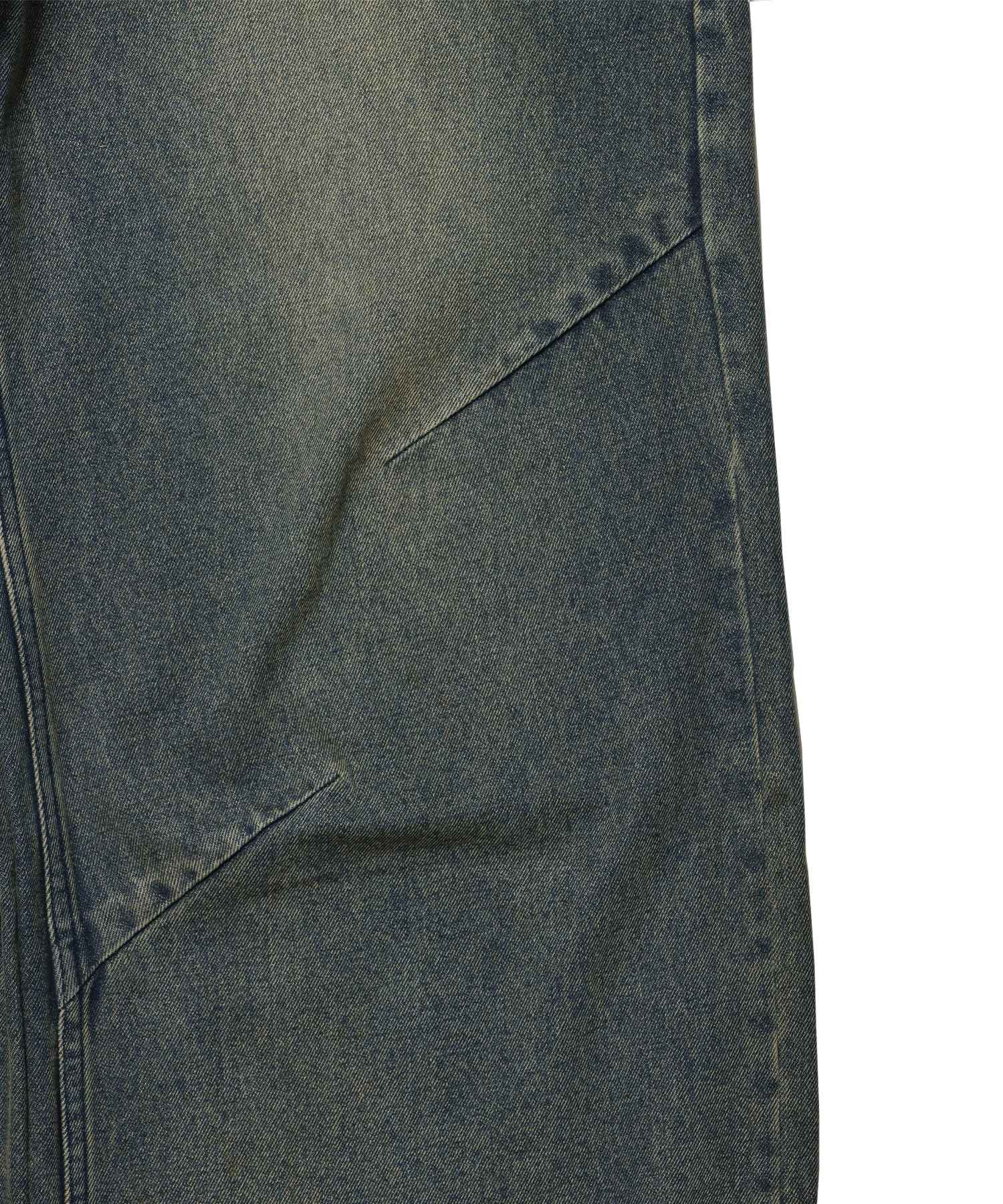 sqnz carve logo denim / 刺繍 ワイドシルエット カーブ メンズ デニム パンツ 加工 ヴィンテージライク ネイビー