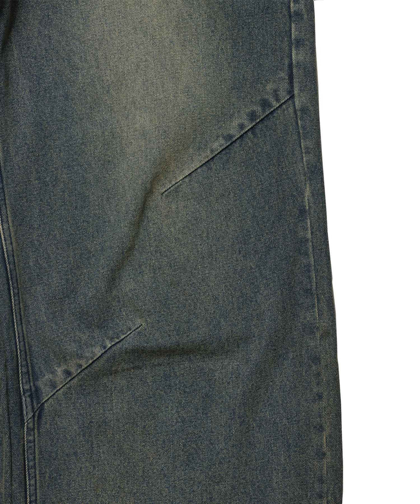 sqnz carve logo denim / 刺繍 ワイドシルエット カーブ メンズ デニム パンツ 加工 ヴィンテージライク ネイビー
