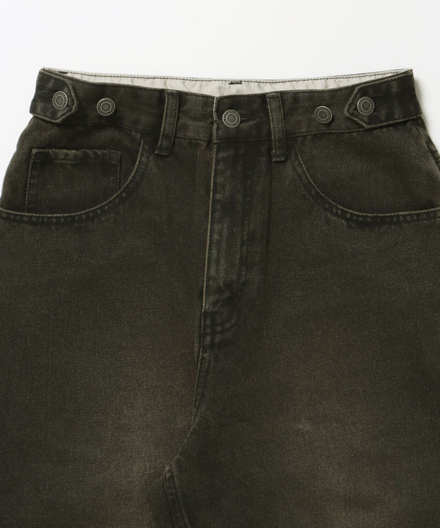 sqnz carve logo denim / 刺繍 ワイドシルエット カーブ メンズ デニム パンツ 加工 ヴィンテージライク ブラウン