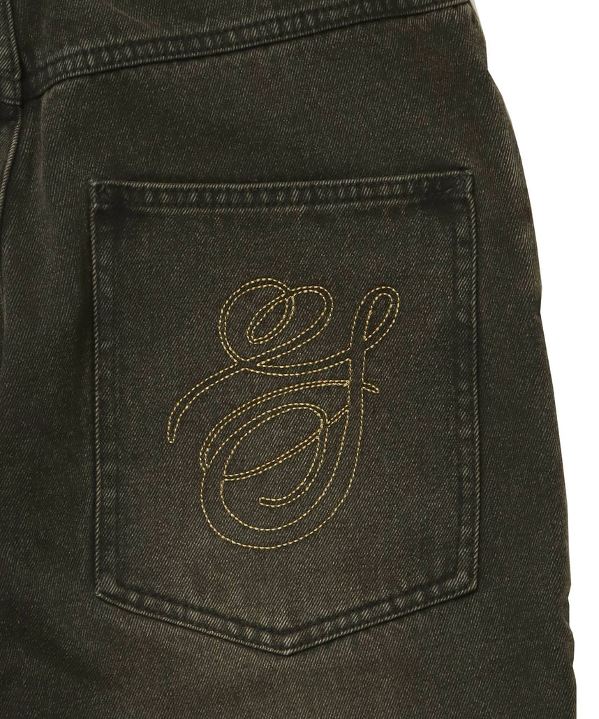 sqnz carve logo denim / 刺繍 ワイドシルエット カーブ メンズ デニム パンツ 加工 ヴィンテージライク ブラウン
