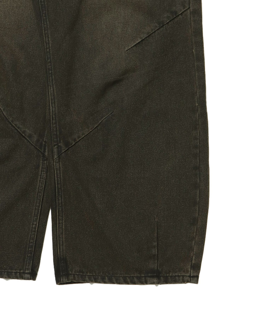 sqnz carve logo denim / 刺繍 ワイドシルエット カーブ メンズ デニム パンツ 加工 ヴィンテージライク ブラウン