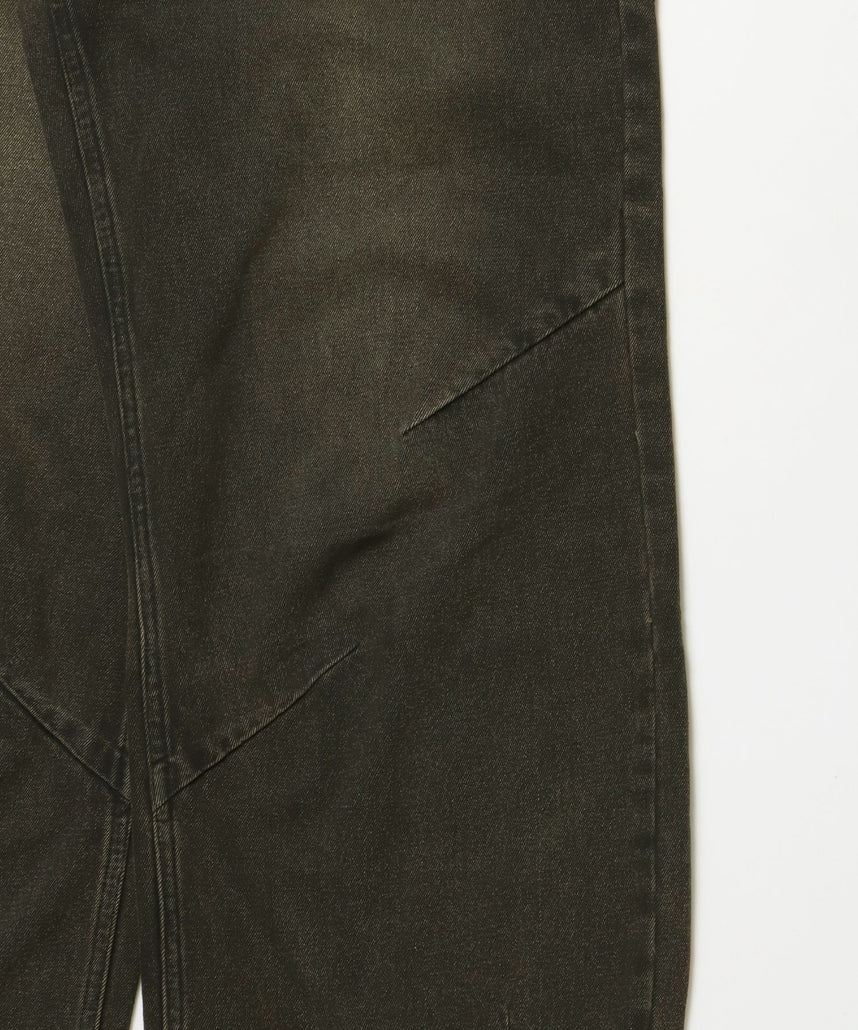 sqnz carve logo denim / 刺繍 ワイドシルエット カーブ メンズ デニム パンツ 加工 ヴィンテージライク ブラウン