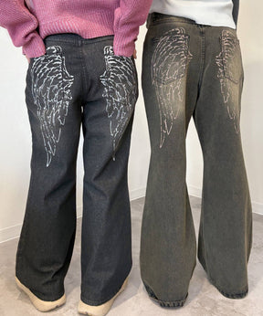 sqnz ladies flare denim / パンツ デニム レディース 加工 フレア 刺繍 ブラック