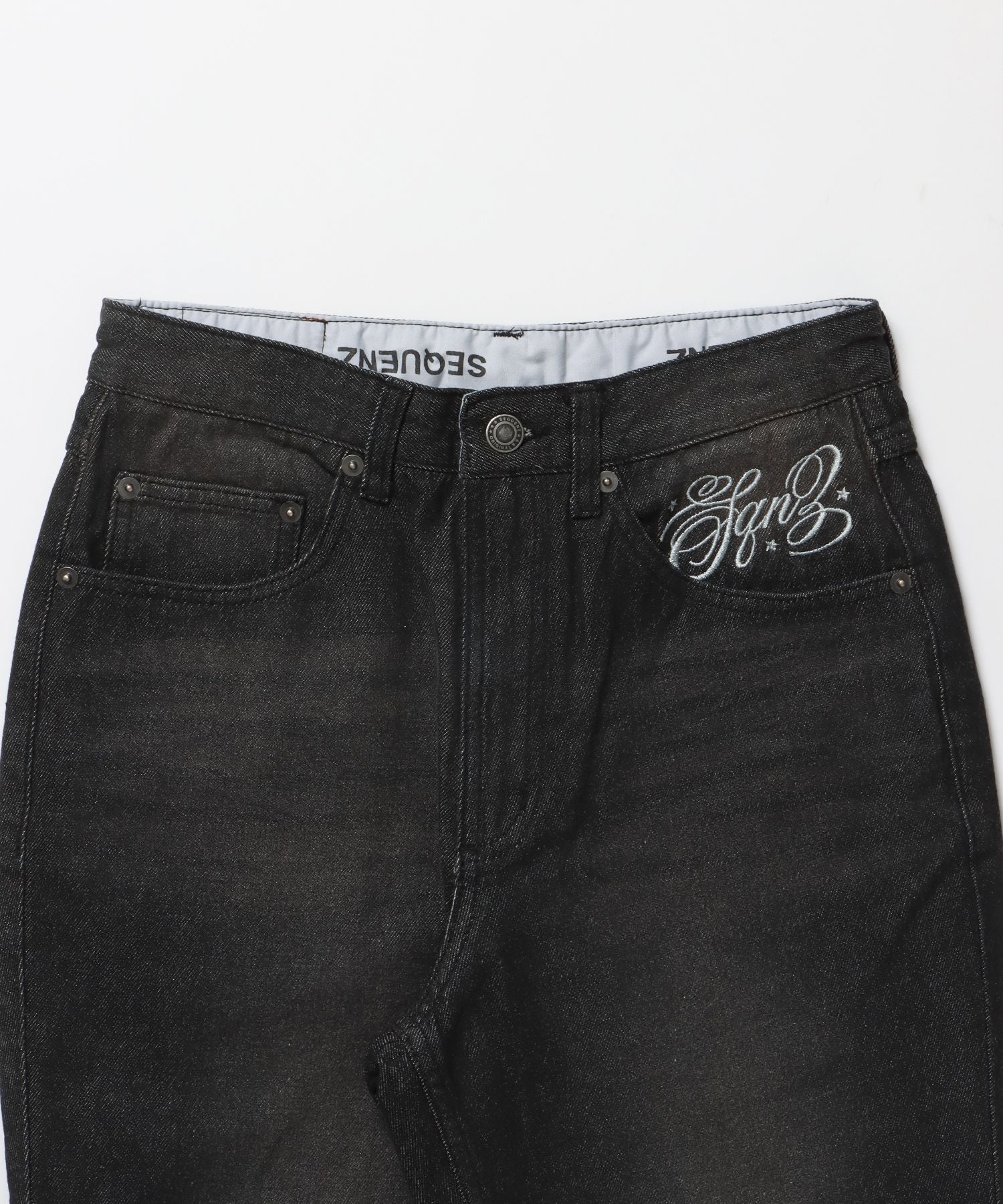 sqnz ladies flare denim / パンツ デニム レディース 加工 フレア 刺繍 ブラック