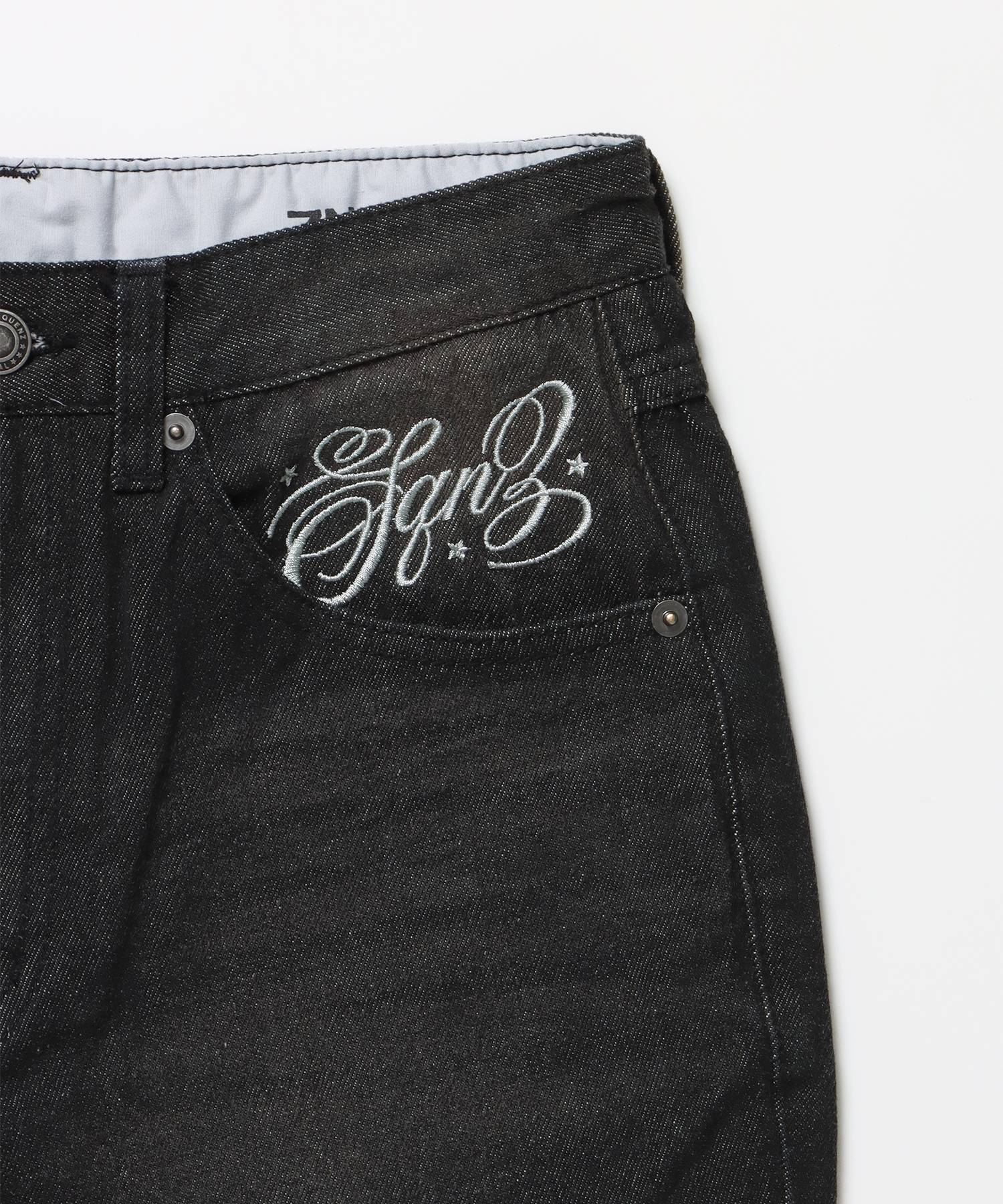 sqnz ladies flare denim / パンツ デニム レディース 加工 フレア 刺繍 ブラック