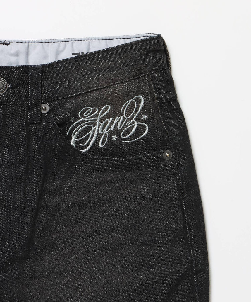 sqnz ladies flare denim / パンツ デニム レディース 加工 フレア 刺繍 ブラック