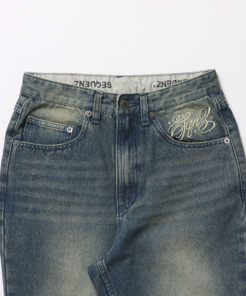 sqnz ladies flare denim / パンツ デニム レディース 加工 フレア 刺繍 ネイビー