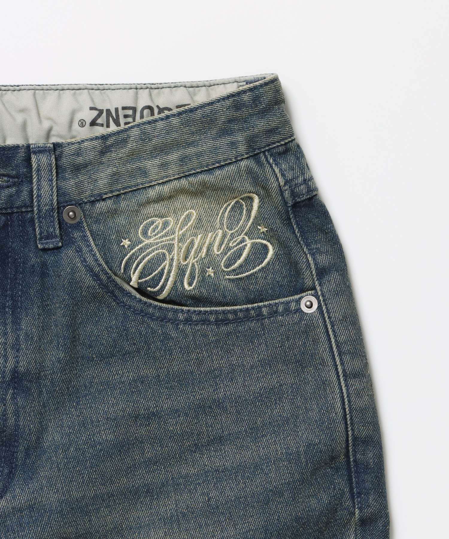 sqnz ladies flare denim / パンツ デニム レディース 加工 フレア 刺繍 ネイビー