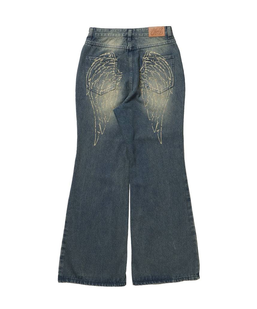 sqnz ladies flare denim / パンツ デニム レディース 加工 フレア 刺繍 ネイビー