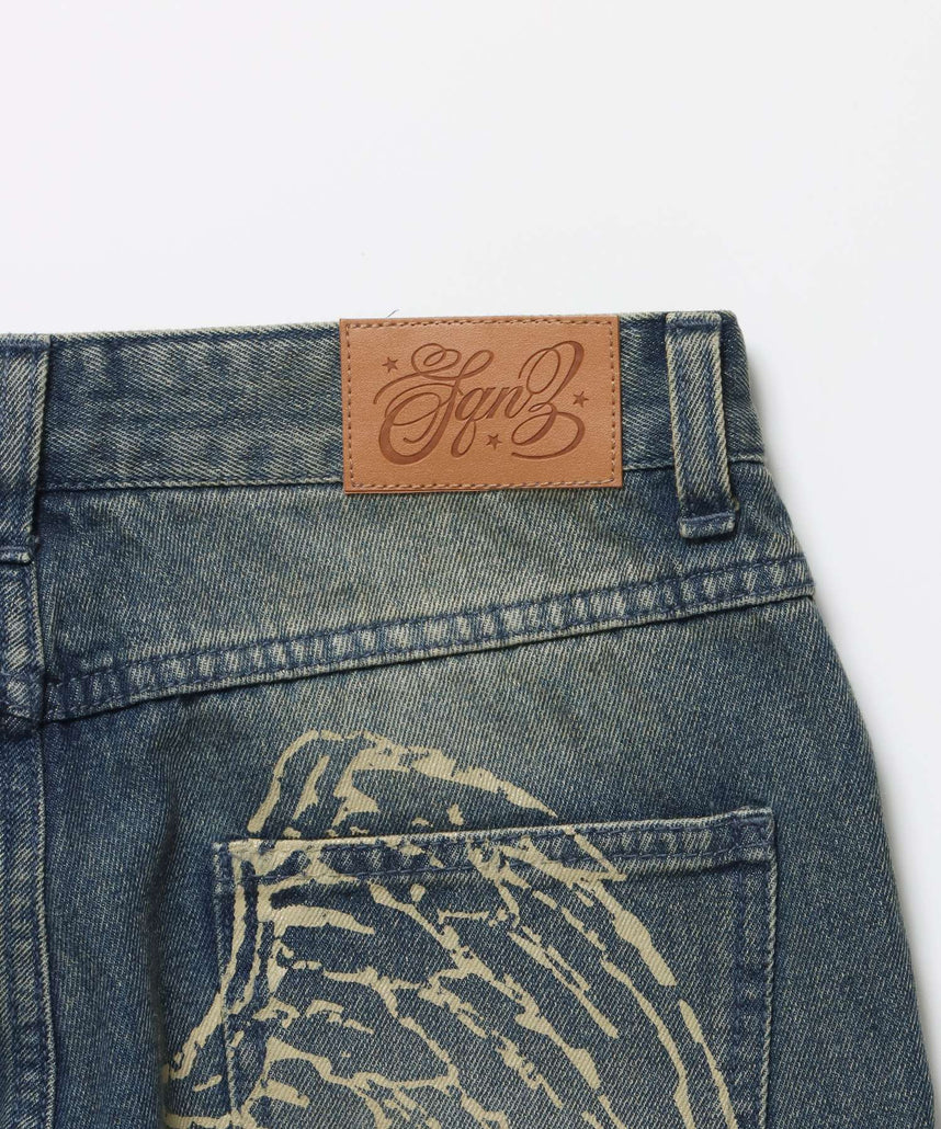 sqnz ladies flare denim / パンツ デニム レディース 加工 フレア 刺繍 ネイビー