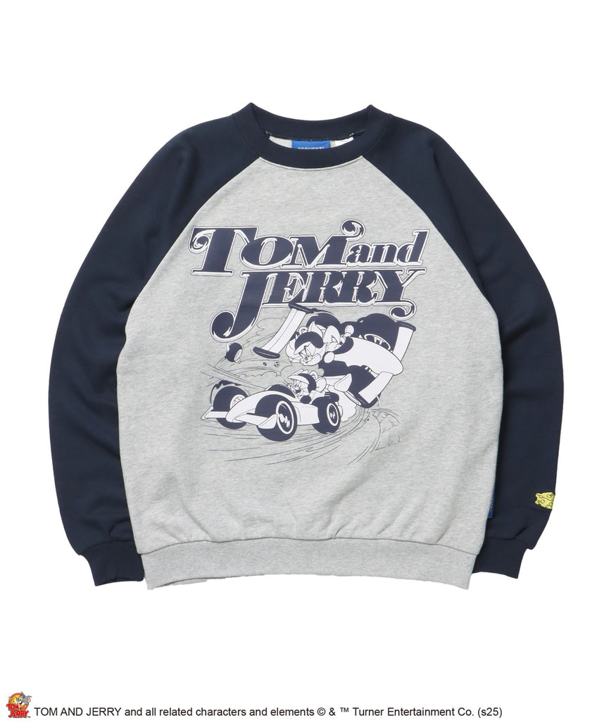 【SEQUENZ(シークエンズ)】TJ CAR CHASE RAGLAN SWEAT / ラグラン バイカラー 刺繍 クルーネック 長袖 裏起毛 ネイビー