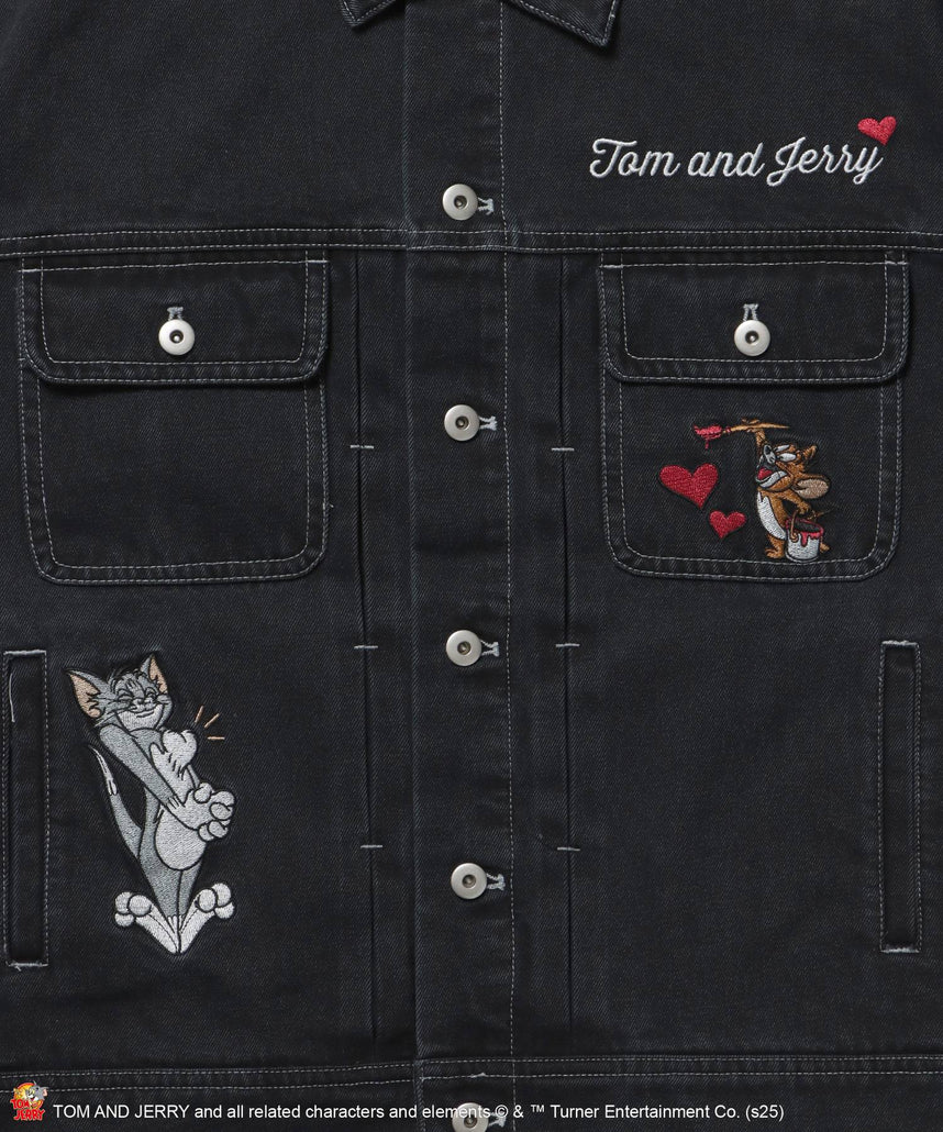 TJ CHAIN EMB.DENIM JACKET / オーバーサイズ デニム ジャケット 刺繍 アウター ブラック