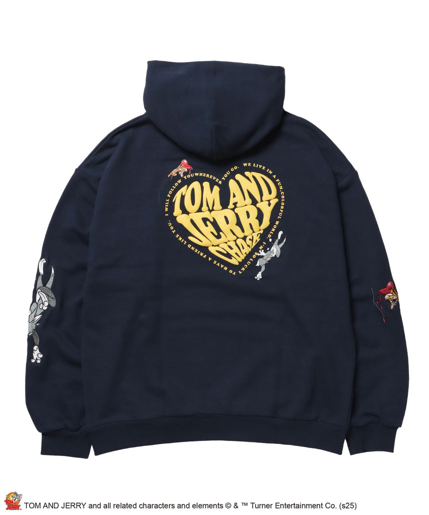【SEQUENZ(シークエンズ)】TJ HEART LOGO P/K / プルパーカー フーディ 刺繍 プリント 裏毛 ネイビー