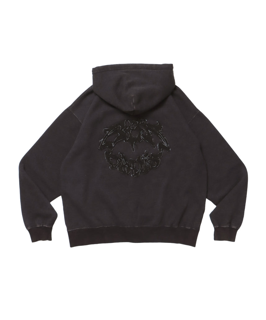 PATCHING BLEACH ZIP HOODIE / 加工 ジップパーカー ワッペン フーディ 裏起毛 ブラック