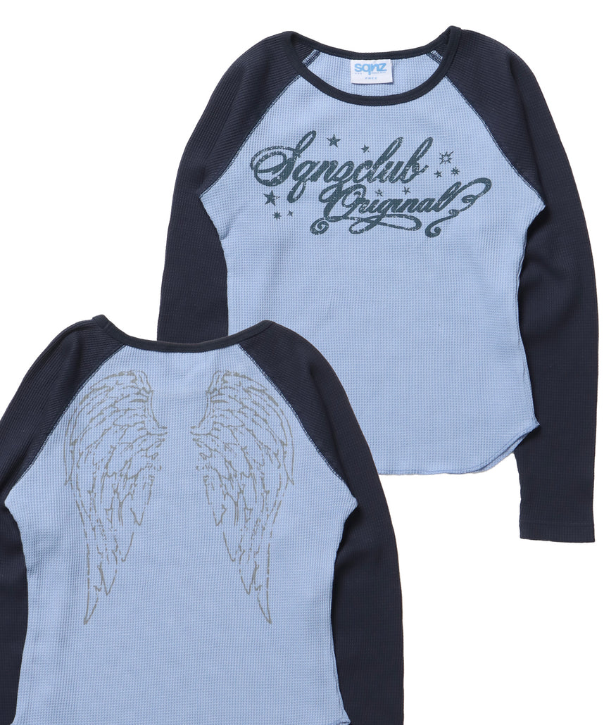sqnz angel thermal / ロンT クルーネック ラグラン サーマル ワッフル 長袖 プリント ネイビー