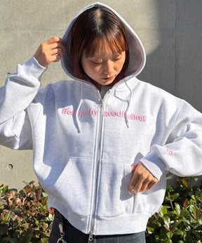 センター3D刺繍立体フードショート丈ZIPパーカー / レディース パーカー 裏起毛 ヘビーウエイト フーディ ダブルジップ 【短丈】 アッシュグレー