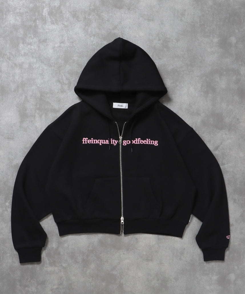 センター3D刺繍立体フードショート丈ZIPパーカー / レディース パーカー 裏起毛 ヘビーウエイト フーディ ダブルジップ 【短丈】 ブラック