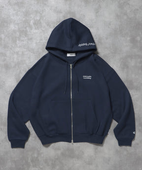 ヘビーウエイトフード刺繍ロゴジップパーカー / パーカー 裏起毛 ジップ 刺繍 ロゴ フーディ ダブルジップ ネイビー