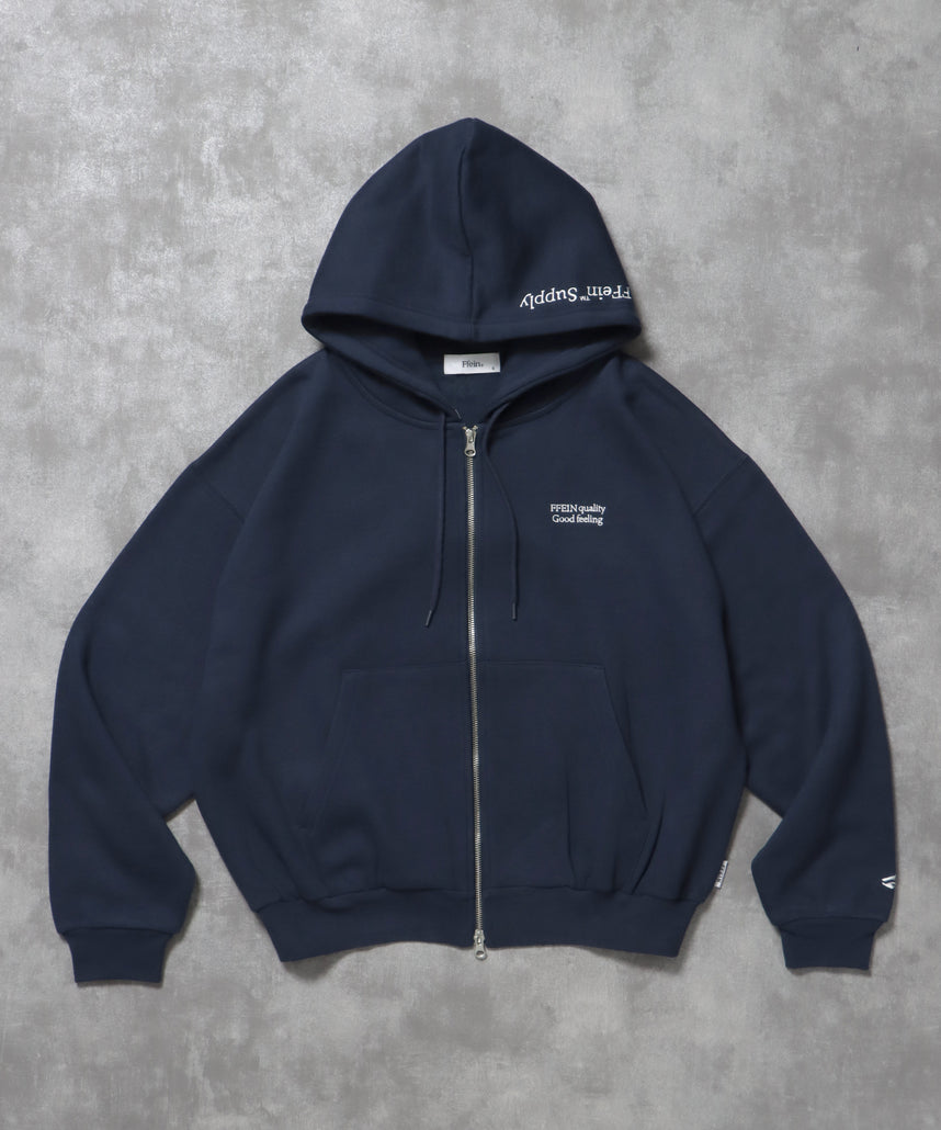 ヘビーウエイトフード刺繍ロゴジップパーカー / パーカー 裏起毛 ジップ 刺繍 ロゴ フーディ ダブルジップ ネイビー