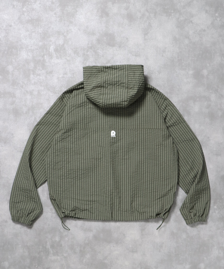 3段ロゴチェックマウンテンパーカー / ダブルジップ フーディ アウター ワンポイント グリーン