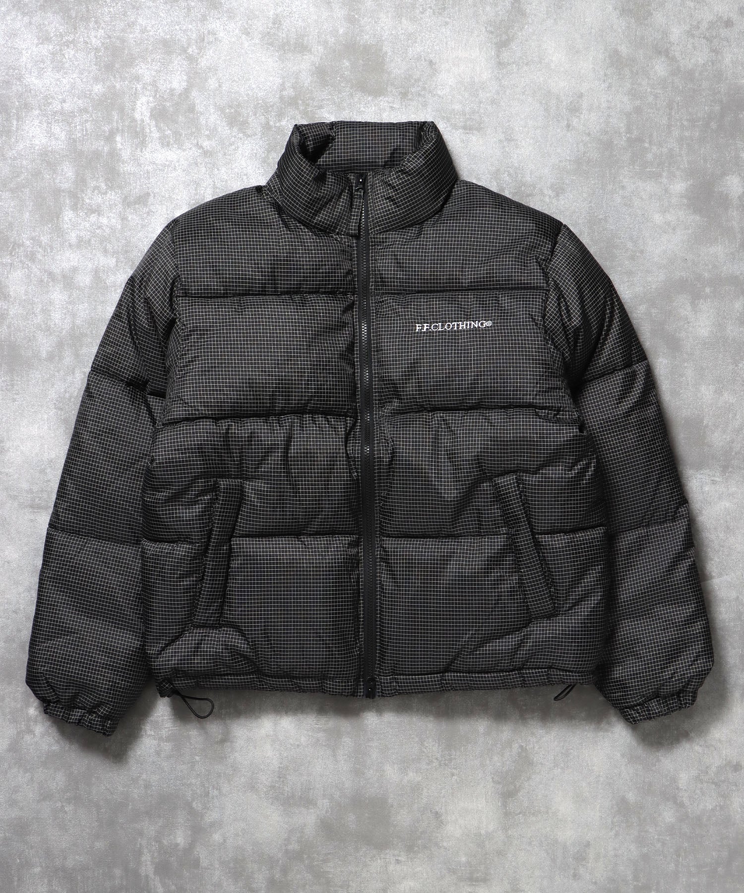 スタンドパファー中綿ダブルジップジャケット / ダウンライク ジャケット 刺繍 チェック 中綿 ドローコード 柄80