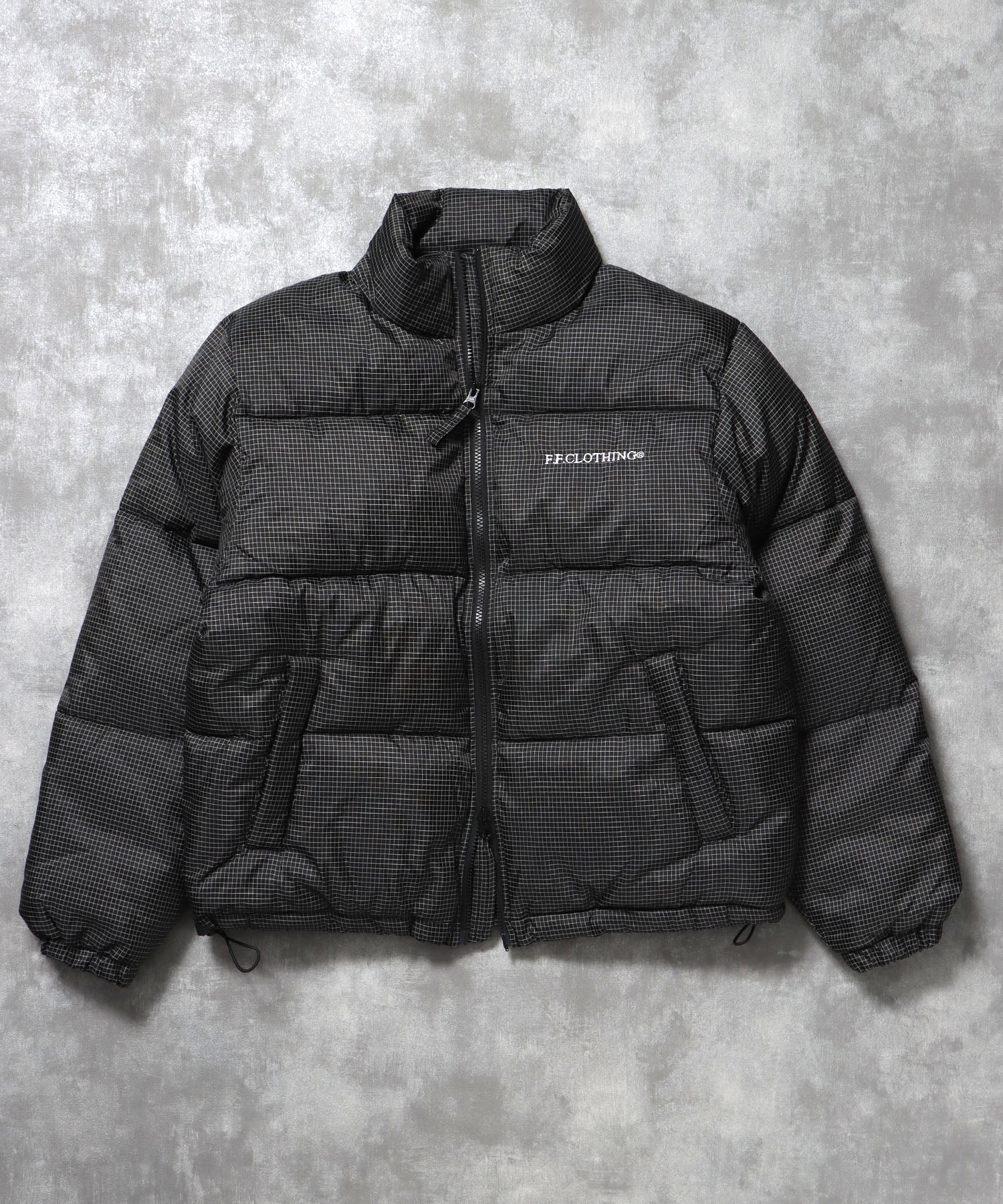 スタンドパファー中綿ダブルジップジャケット / ダウンライク ジャケット 刺繍 チェック 中綿 ドローコード 柄80